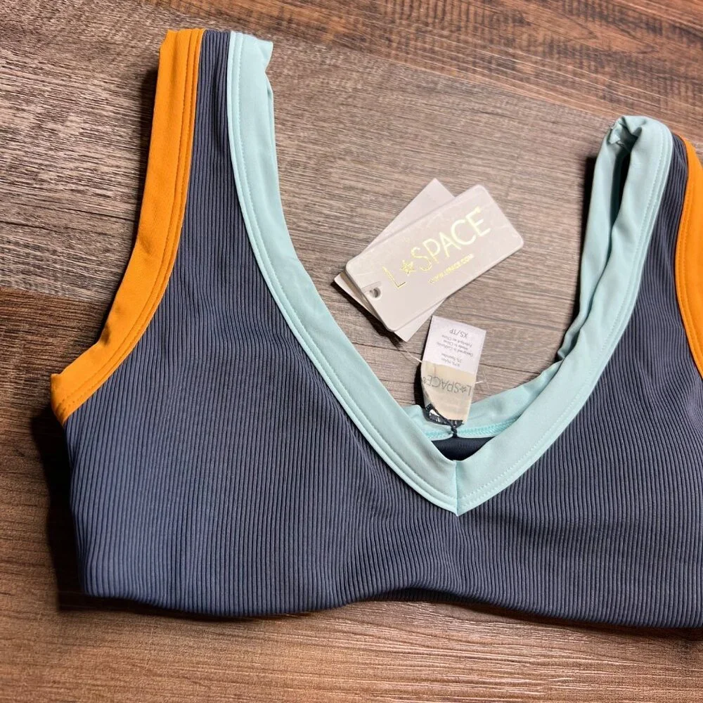 L*Space Ribbed Lala Bikini‎ Top Size XS Slate-Pool-Inka Gold Pullover NWT